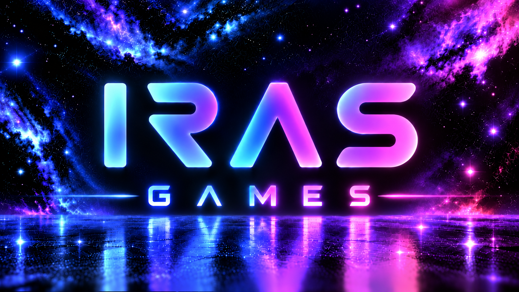 IRAS Games cyan-to-magenta wordmark in a luminous cosmic scene.