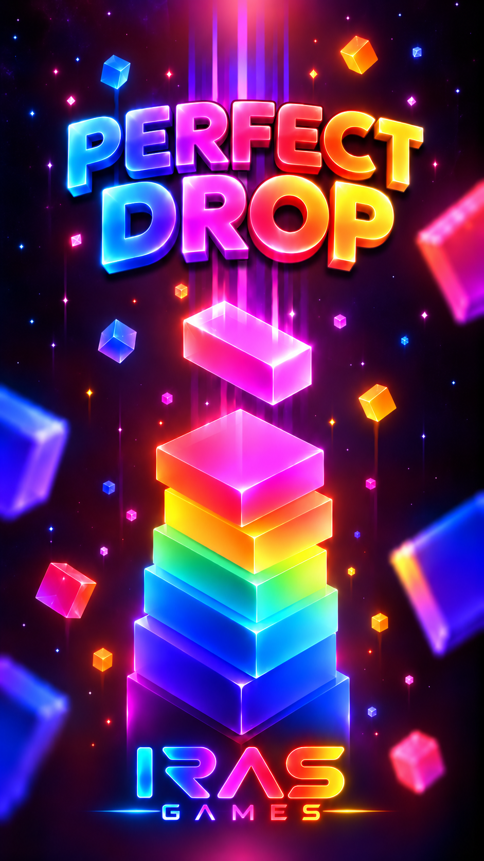 Perfect Drop artwork with a glowing rainbow block tower and IRAS Games branding.